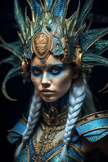 A woman with blue eyes and a blue and gold crown