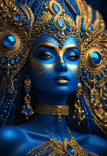 a woman with blue eyes and a blue mask of blue eyes