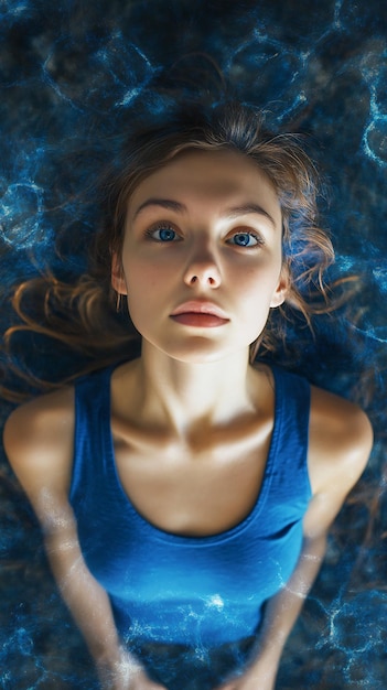 Photo woman with blue eyes in blue mist