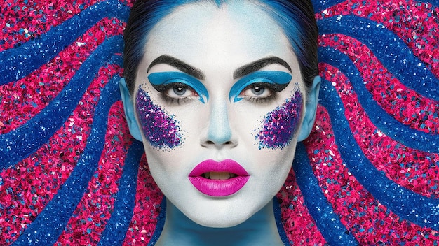 a woman with blue eyes and a blue and pink makeup on her face