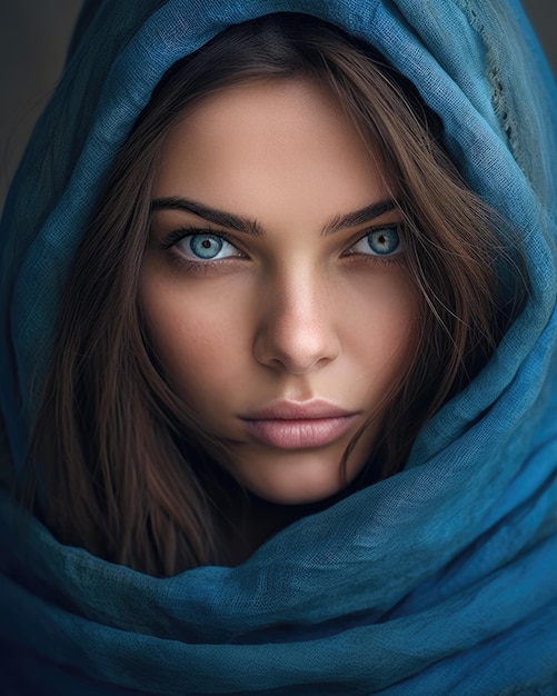 A woman with blue eyes and a blue scarf