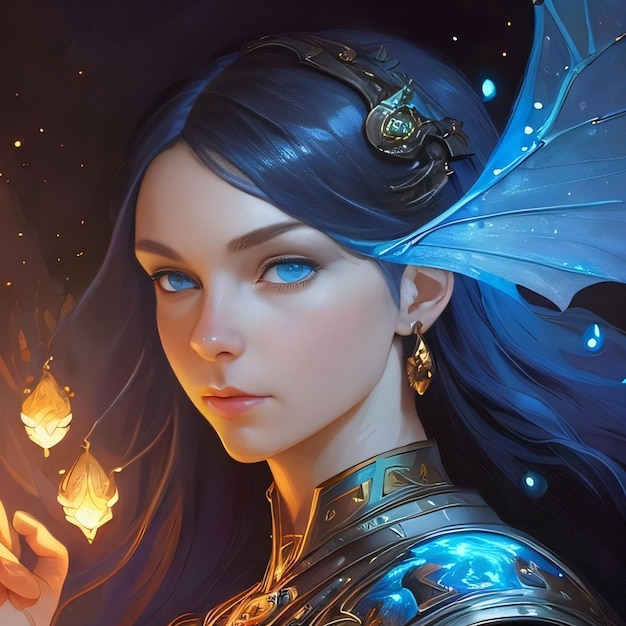 A woman with blue eyes and a blue wings holds a candle.