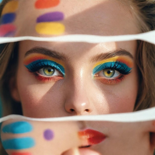 Photo a woman with blue eyes and a blue and yellow eye shadow