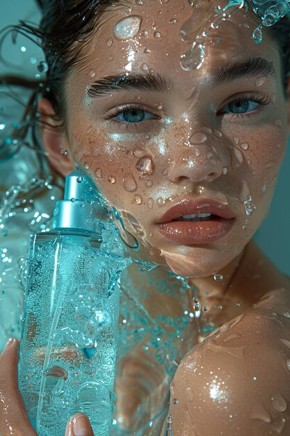 Photo a woman with a blue eyes and a bottle of water