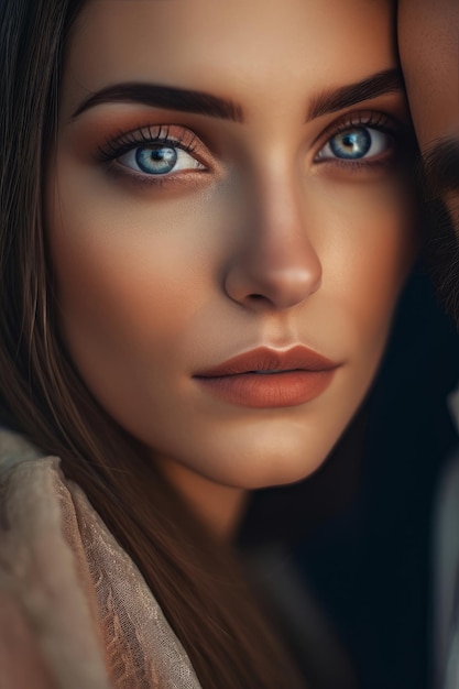 A woman with blue eyes and a brown jacket