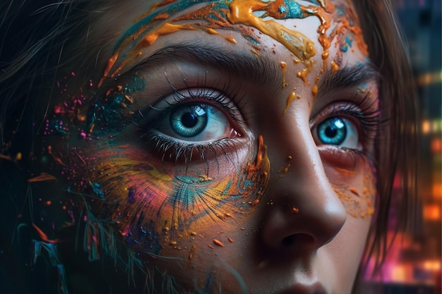 A woman with blue eyes and colorful paint on her face