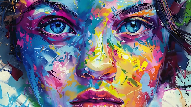 a woman with blue eyes and colorful paint splatters