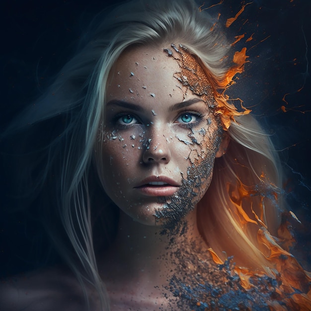 A woman with blue eyes and a face with fire in the middle.