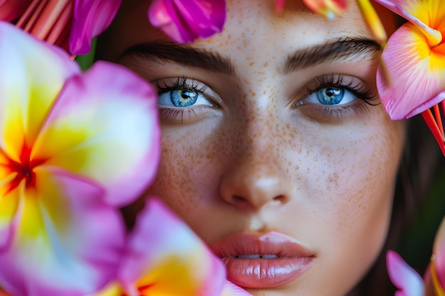 Photo a woman with blue eyes and a flower in the foreground