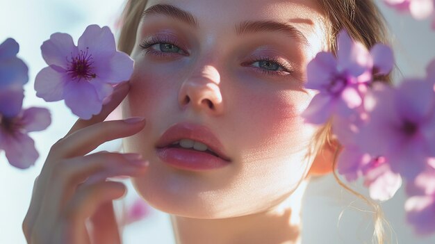 Photo a woman with blue eyes and a flower in her hair