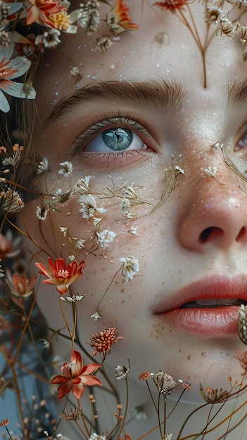 a woman with a blue eyes and a flower in her hair