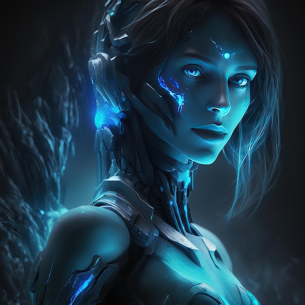 A woman with blue eyes and a glowing face.