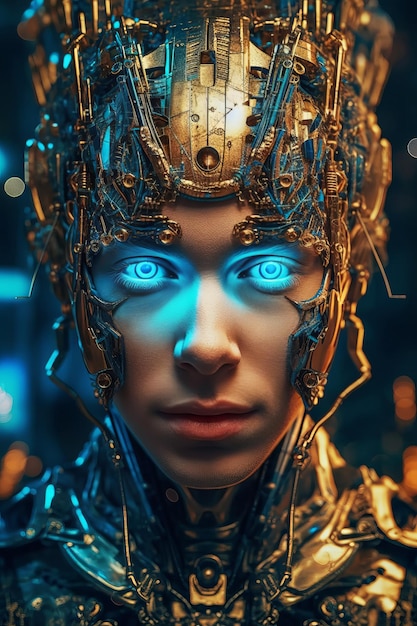 A woman with blue eyes and a gold head that says'cyborg'on it