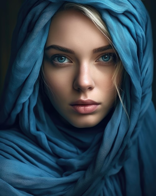 A woman with blue eyes is looking at the camera