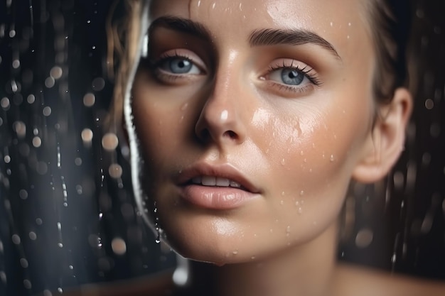 A woman with blue eyes is washing her face in the rain