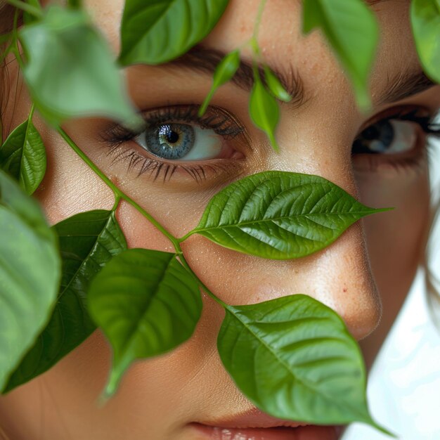 Photo a woman with blue eyes looking up at leaves