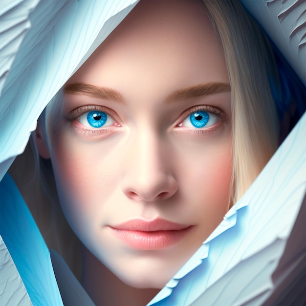 A woman with blue eyes looks out of a blue sheet.