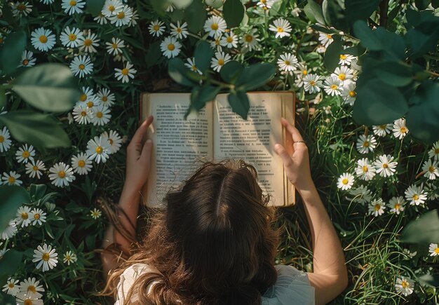 Photo woman with blue eyes lying in field of daisies while reading a book