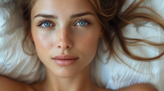 Woman With Blue Eyes Lying on a White Pillow