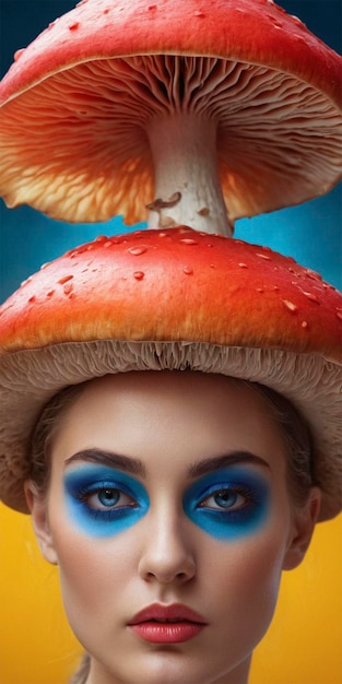 Photo a woman with blue eyes and a mushroom hat is wearing a hat with a mushroom on it