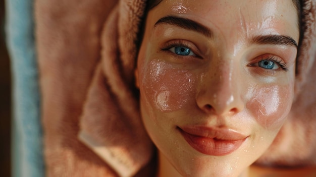 A woman with blue eyes and pink cheeks is smiling