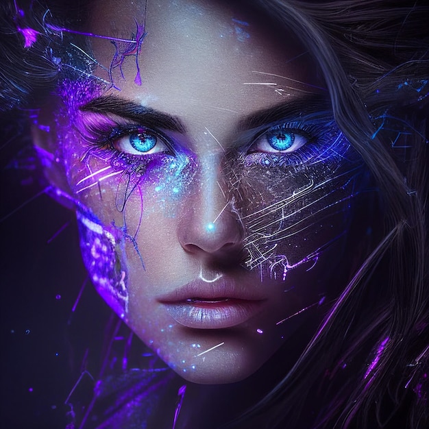 A woman with blue eyes and a purple background