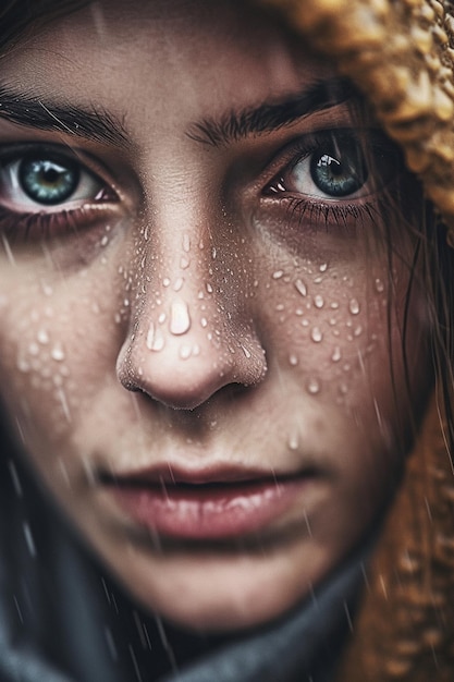 A woman with blue eyes and rain drops on her head