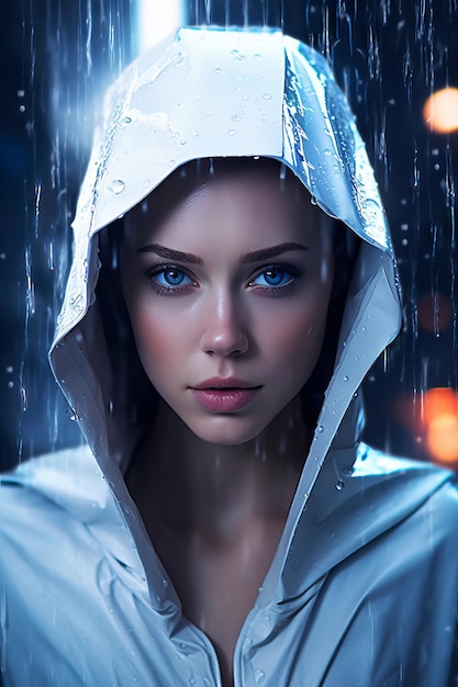 A woman with blue eyes in the rain