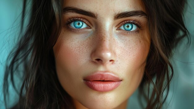 a woman with blue eyes and a red lip