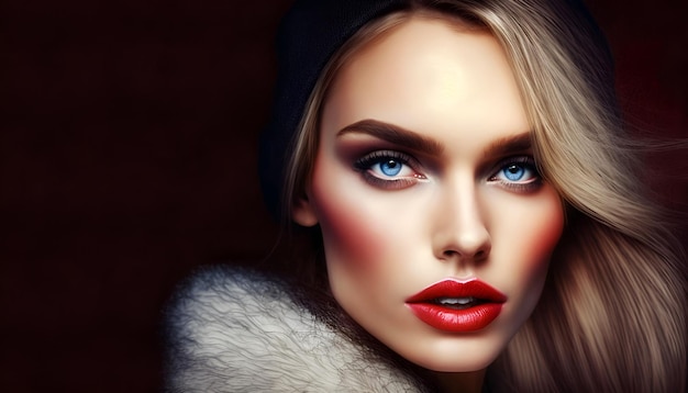 A woman with blue eyes and red lips