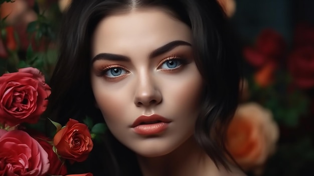 A woman with blue eyes and red roses in the background