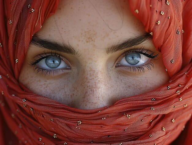 a woman with blue eyes and a red scarf on her head