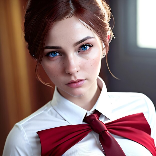 A woman with blue eyes and a red tie that says " blue ".