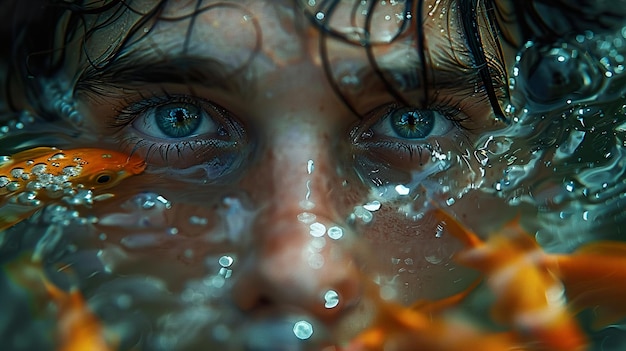 a woman with blue eyes and a reflection of her face