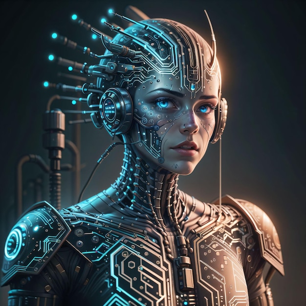 A woman with blue eyes and a robot face