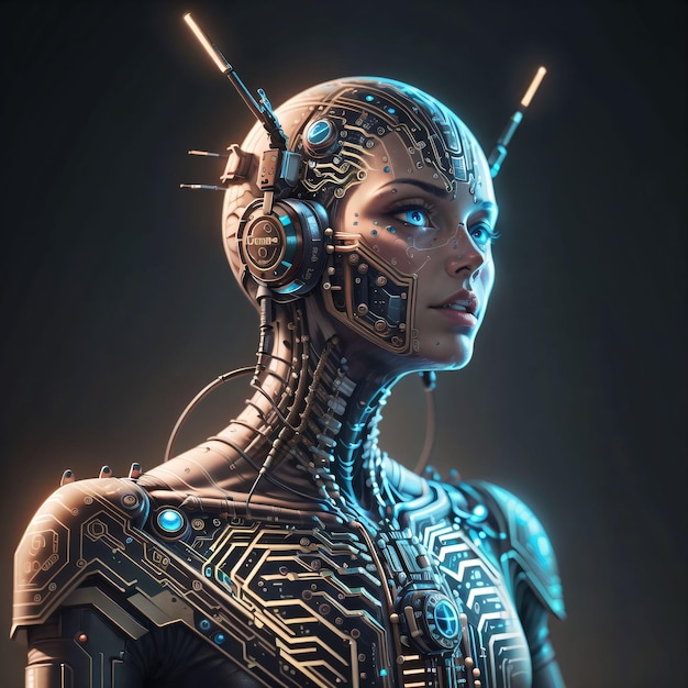 A woman with blue eyes and a robot head