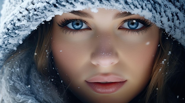 a woman with blue eyes and a scarf covered in snow