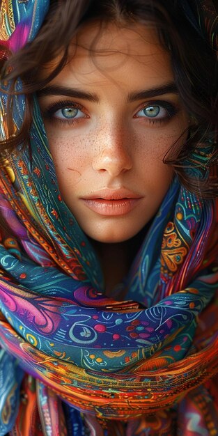 a woman with blue eyes and a scarf with the word quot blue quot on it