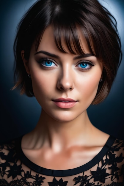 A woman with blue eyes and a short haircut