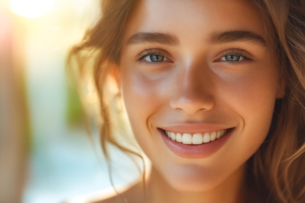 Photo a woman with blue eyes smiling at the camera