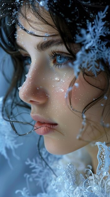 a woman with blue eyes and snowflakes on her face