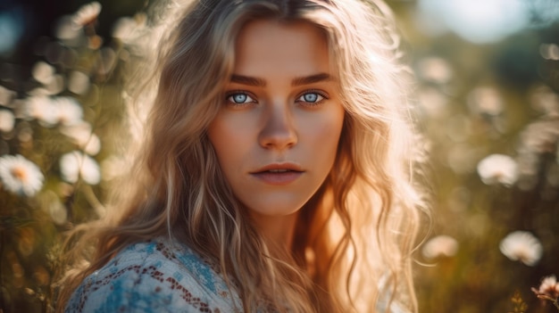 A woman with blue eyes stands in a field of flowers.