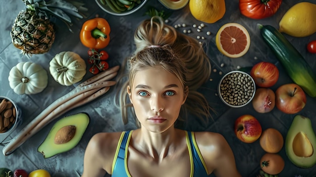 Photo a woman with a blue eyes stands in front of a table full of fruits and vegetables