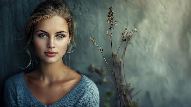 Photo a woman with blue eyes and a sweater with flowers in the background