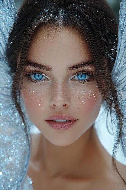 a woman with blue eyes and a veil that says quot shes a beauty quot