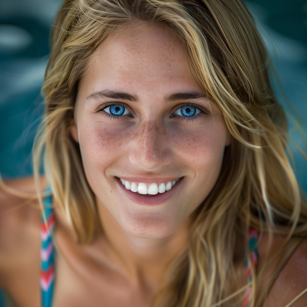 a woman with blue eyes wearing a bikini top