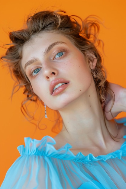 a woman with blue eyes wearing a blue dress with a blue top