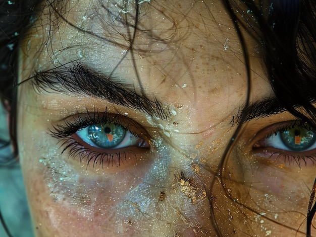 a woman with blue eyes and wet hair is covered in sand