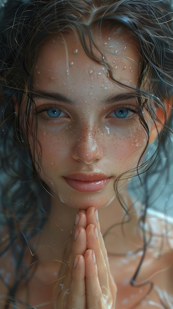 a woman with blue eyes and a wet hair