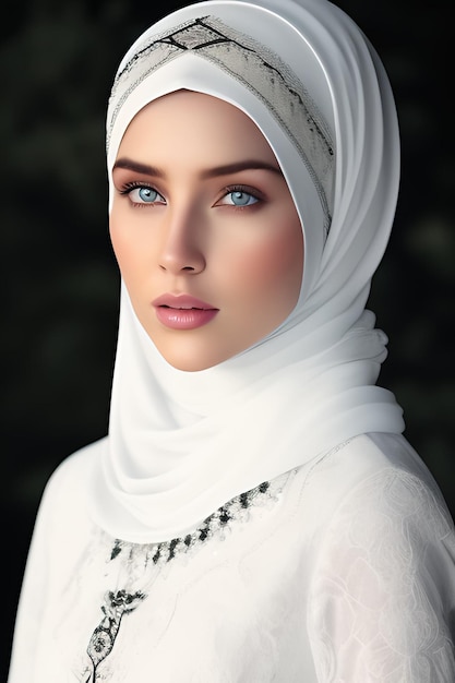 A woman with blue eyes and a white hijab